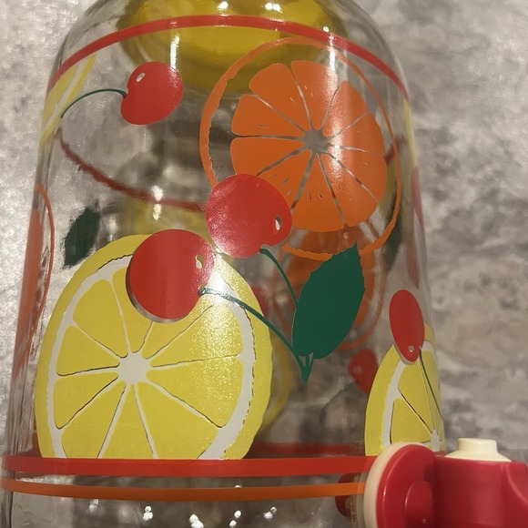 Vintage Sun Tea Glass Water Dispenser Beverage Jar Yellow Lid Cherries And Lemon - Picture 3 of 6